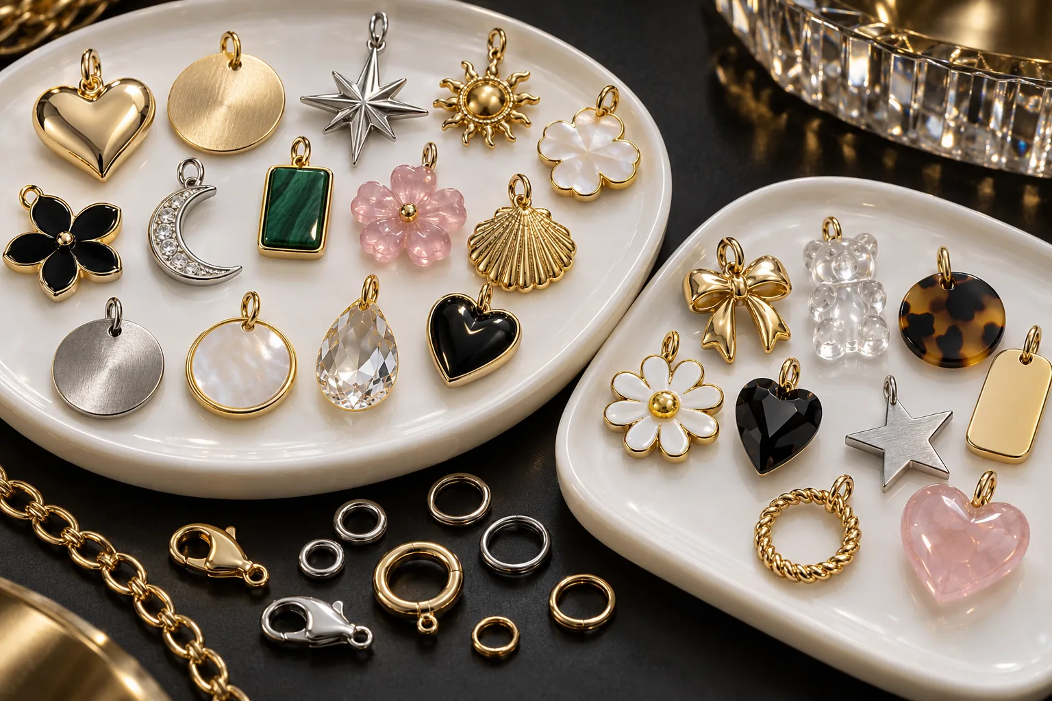 Strip accessories, clusters and accessory trays on a beauty sampling table